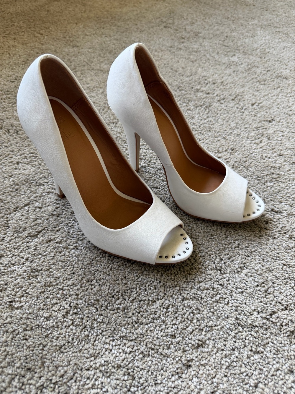 Women’s White Peep-Toe High Heels with Stud Accent